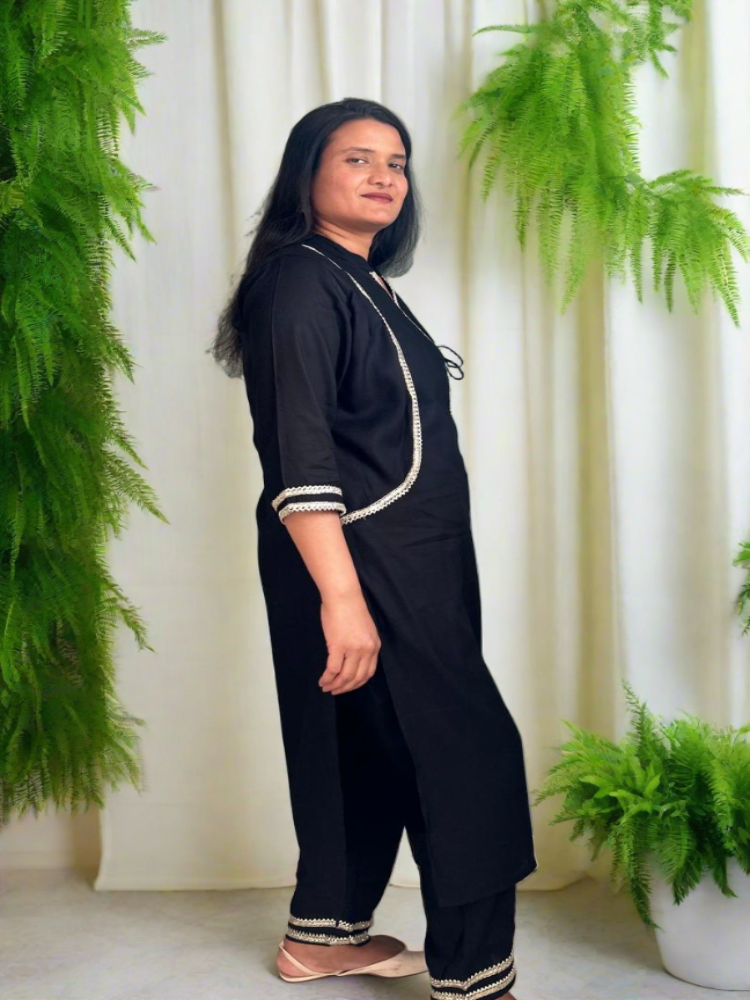 Rayon Angrakha Black Kurta and Pant Set