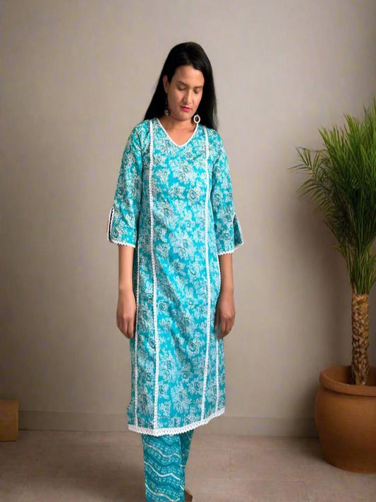 Lace work Arctic Blue Kurta & Pant set