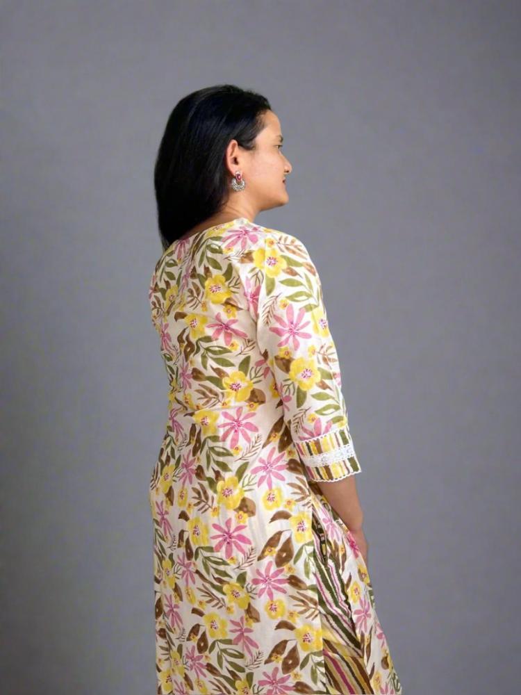 Yellow Floral Printed Kurta with Trouser