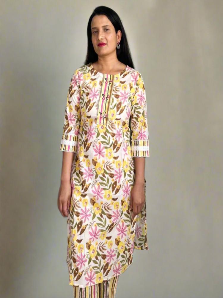 Yellow Floral Printed Kurta with Trouser