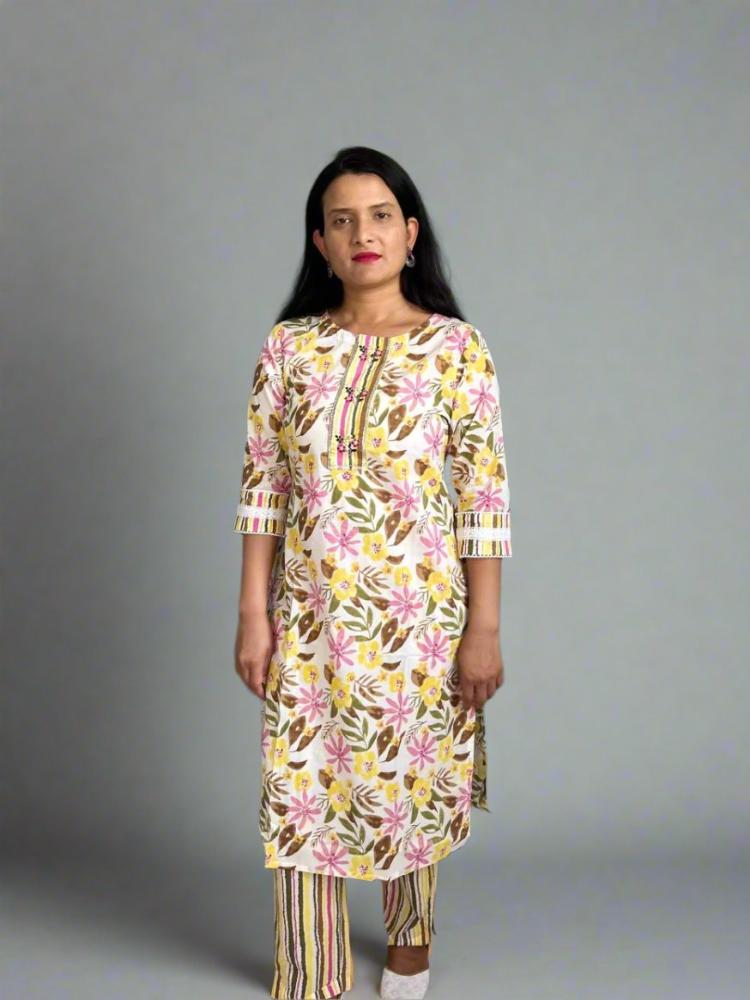 Yellow Floral Printed Kurta with Trouser