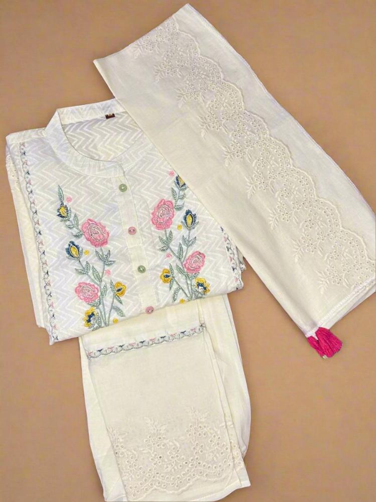 White Embroidered Kurta Pant with Dupatta Set