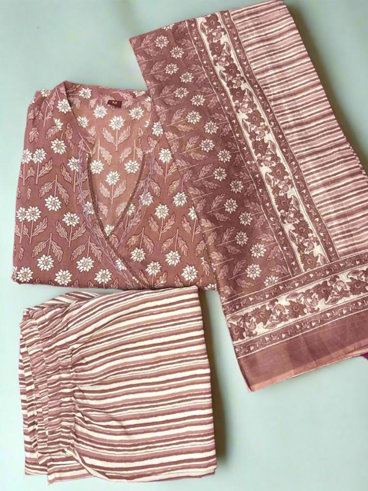 Dusty Pink Printed Cotton Kurta and Pant with Dupatta Set