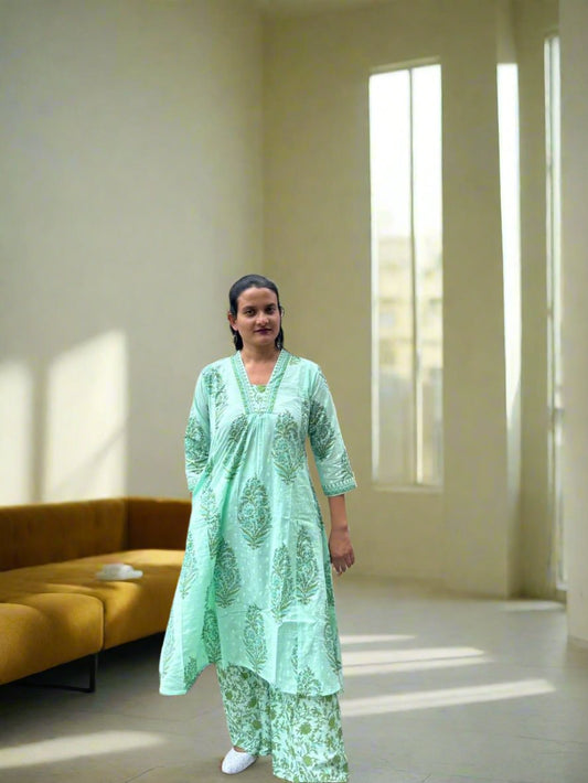 See Green cotton Anarkali Kurta and Pant