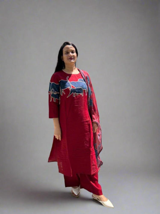 Elephant print Maroon  kurta & Palazzo with Dupatta