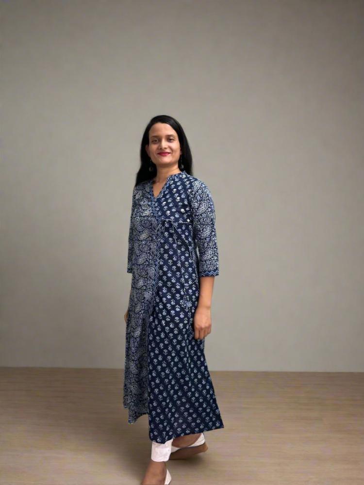 Navy Blue Angrakha Printed Cotton Kurta