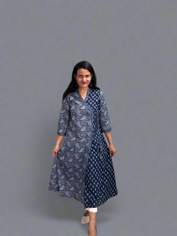 Navy Blue Angrakha Printed Cotton Kurta