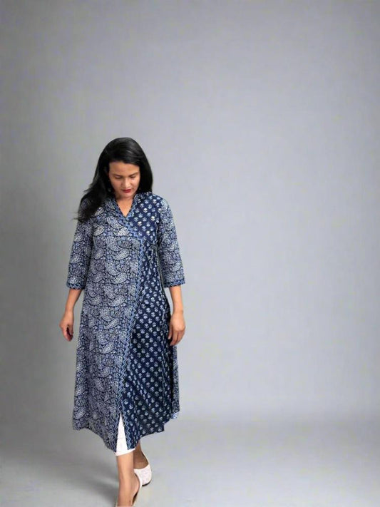 Navy Blue Angrakha Printed Cotton Kurta