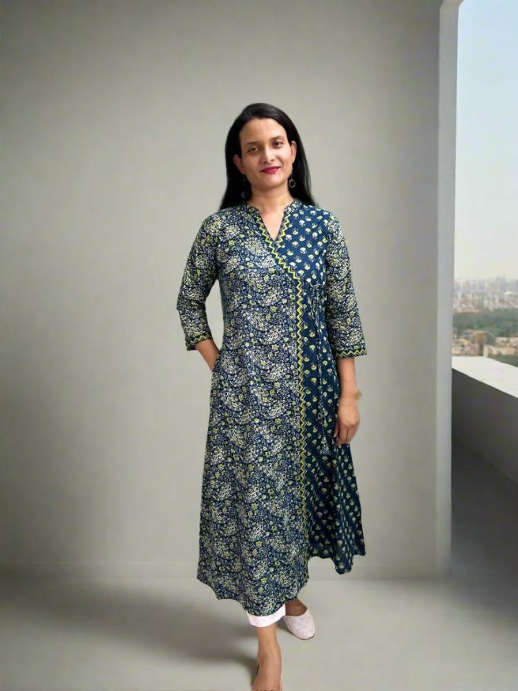 Green Angrakha Printed Cotton Kurta