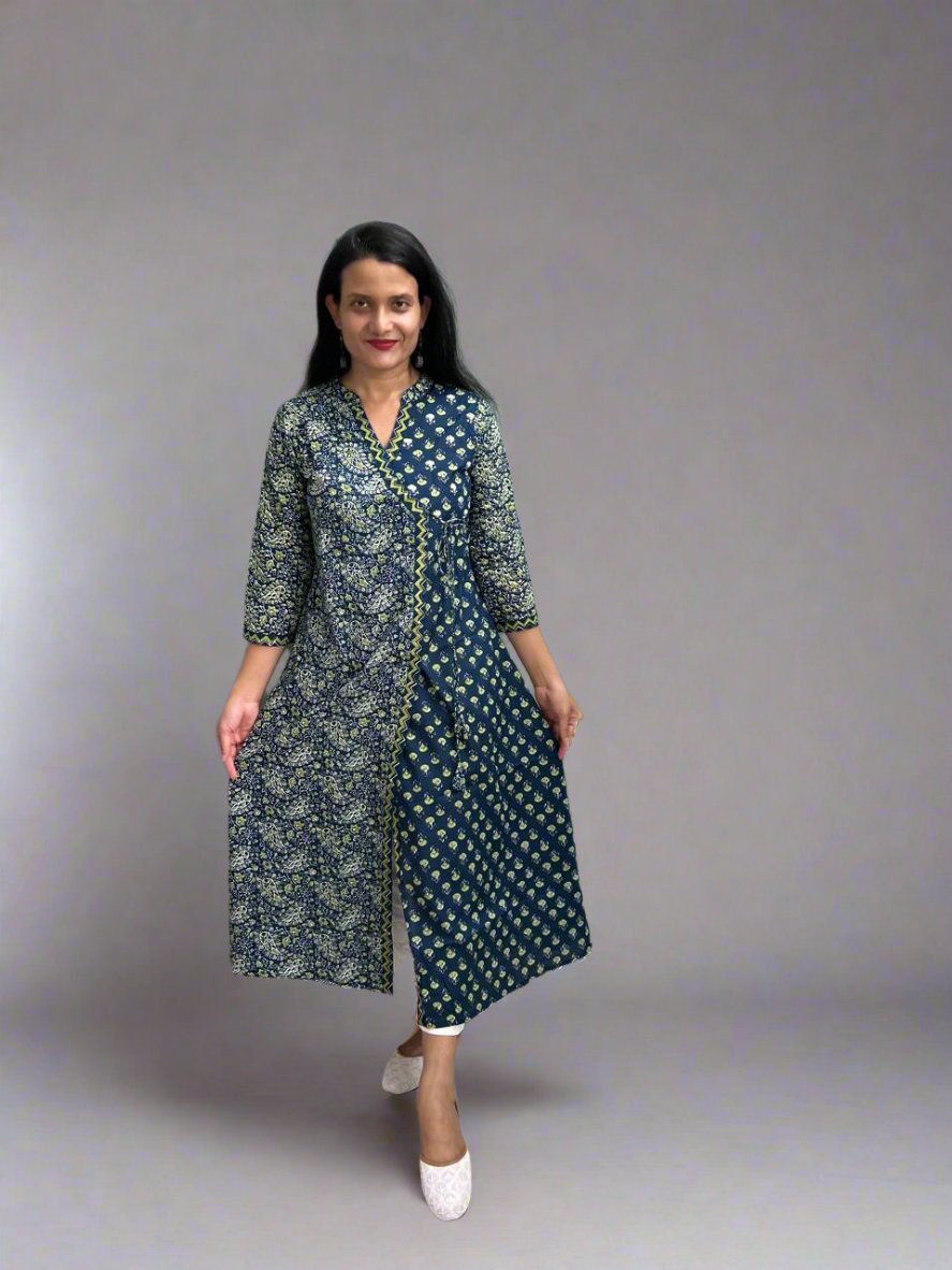 Green Angrakha Printed Cotton Kurta