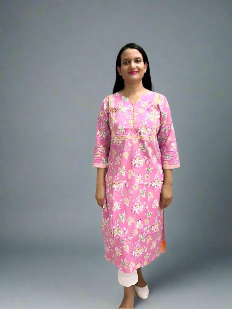 Pink Floral Printed Cotton Kurta