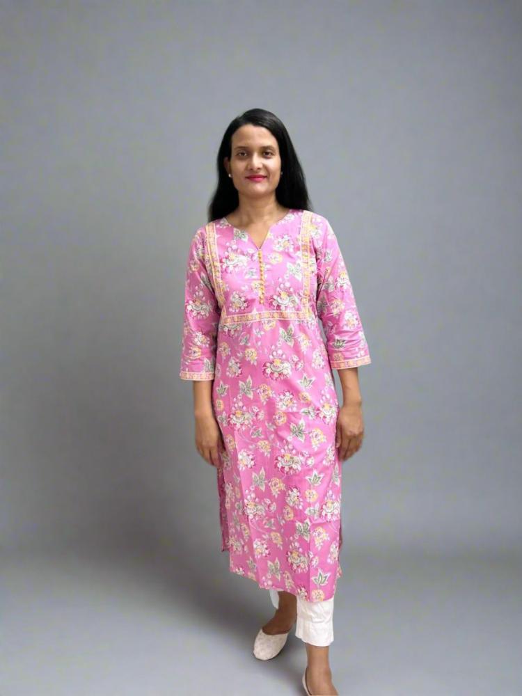 Pink Floral Printed Cotton Kurta