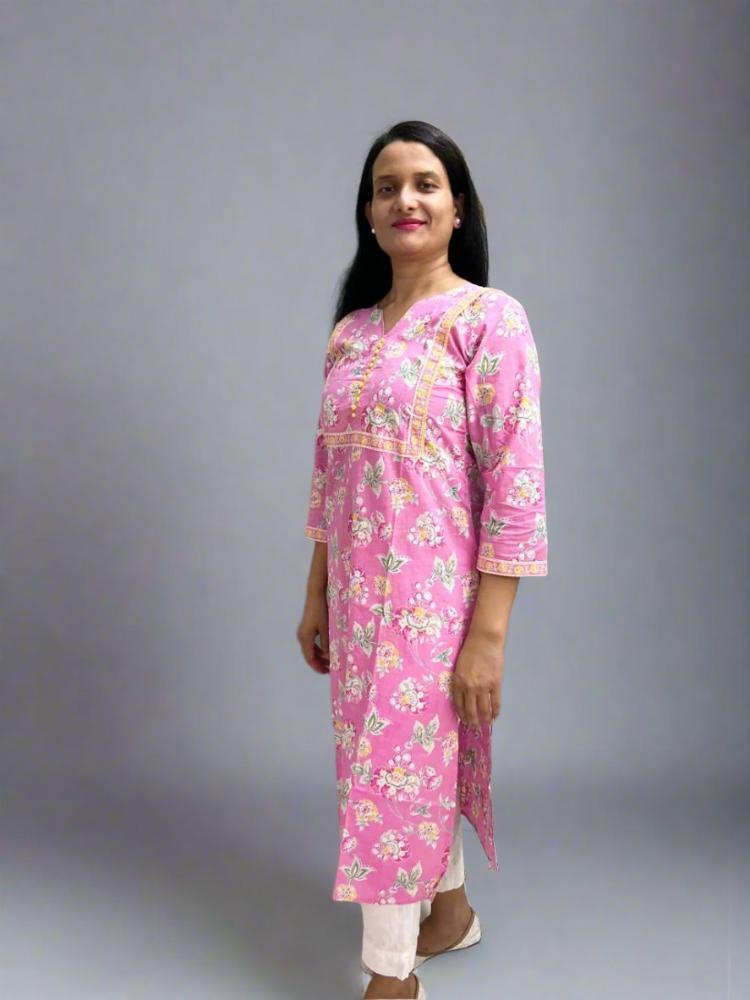 Pink Floral Printed Cotton Kurta