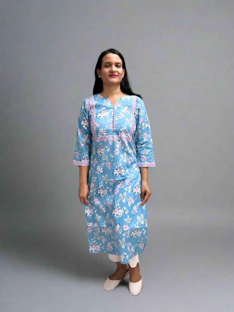 Blue Floral Printed Cotton Kurta