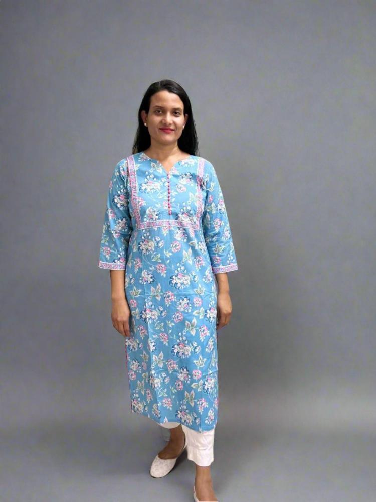 Blue Floral Printed Cotton Kurta