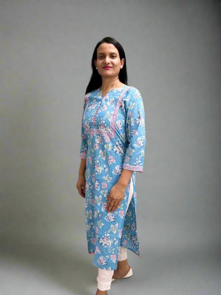 Blue Floral Printed Cotton Kurta