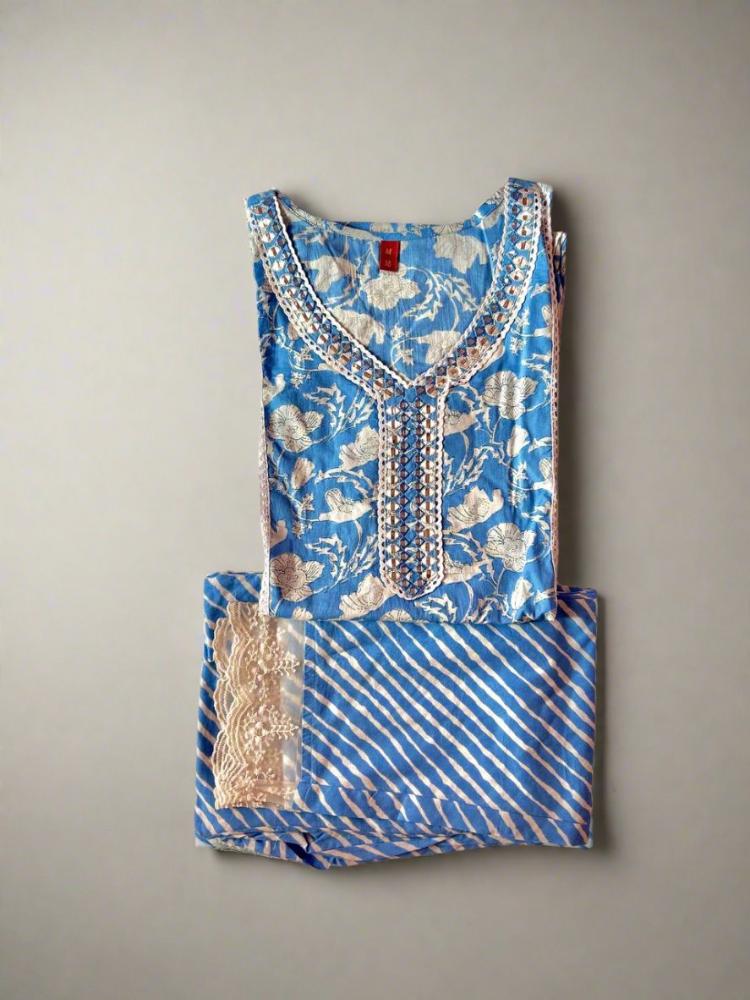 Sky Blue Printed Lace work Kurta & Trouser