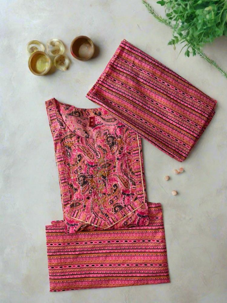 Salmon Pink Printed Straight Kurta & Pant with Dupatta