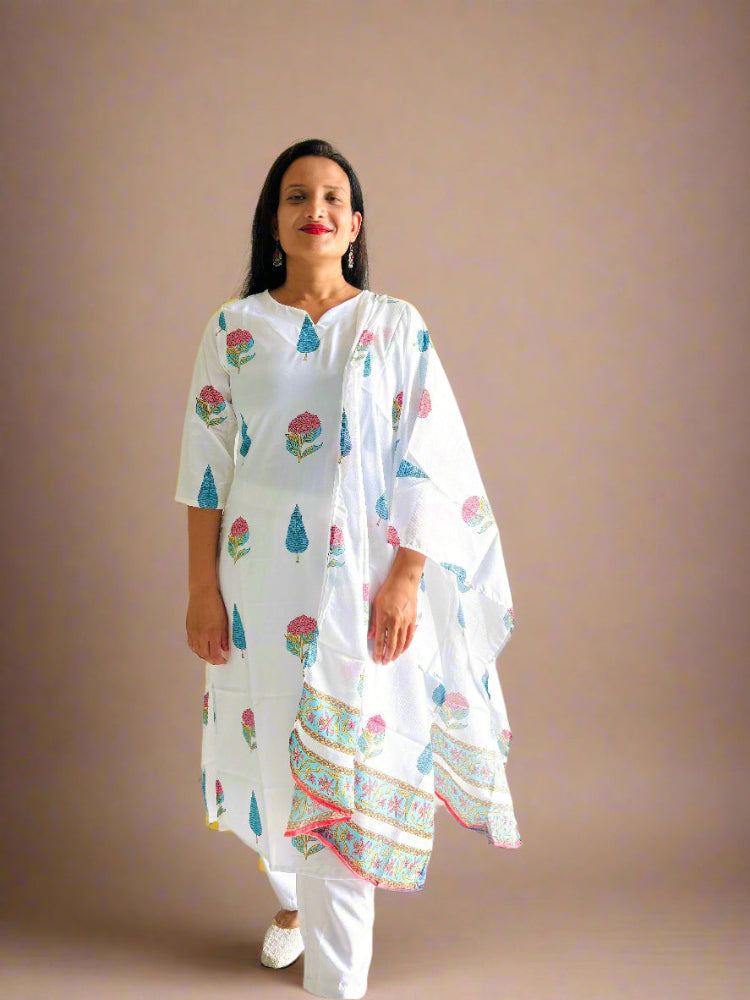 Floral White kurta with pant & Dupatta