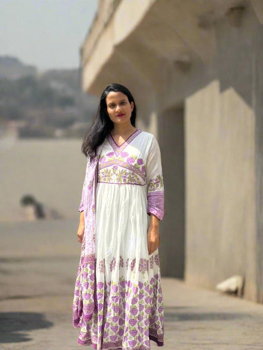 Lavender Floral Printed Dress with Dupatta