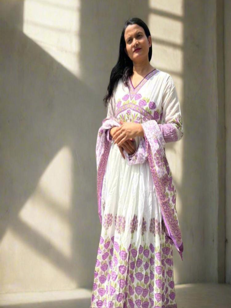 Lavender Floral Printed Dress with Dupatta