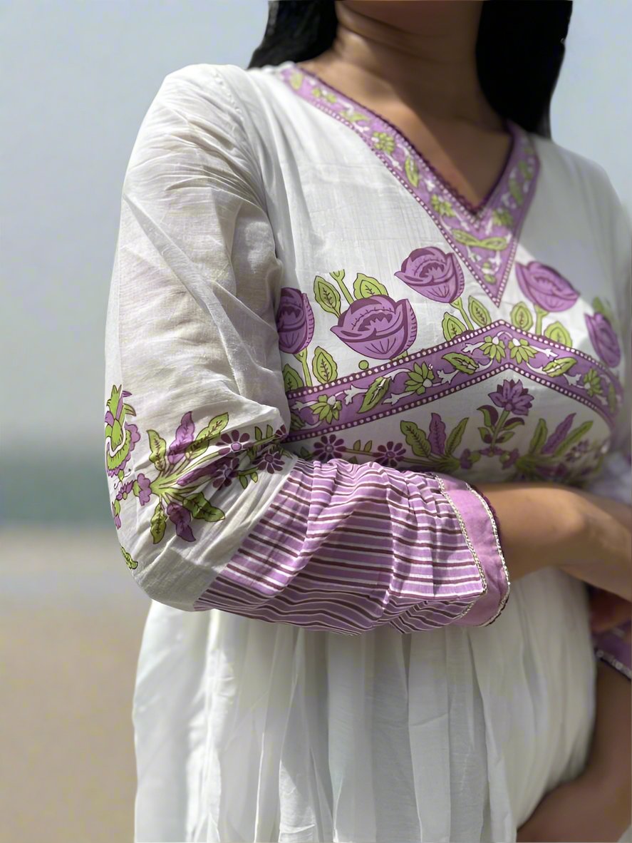 Lavender Floral Printed Dress with Dupatta