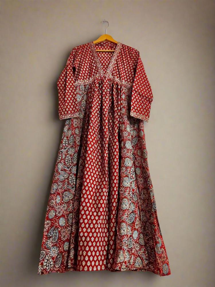 Maroon Cotton Handblock Printed Dress