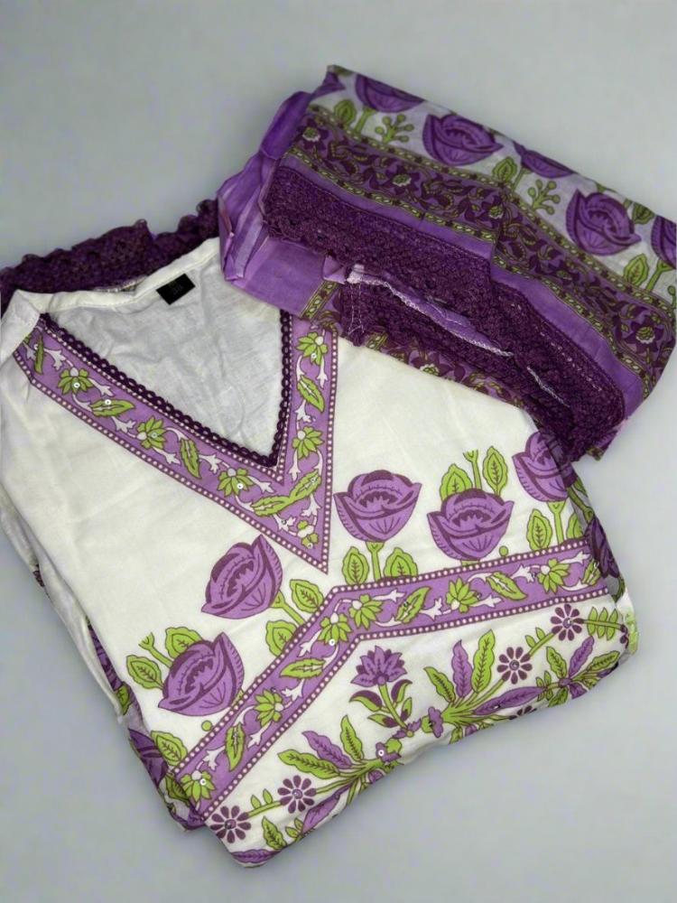 Lavender Floral Printed Dress with Dupatta