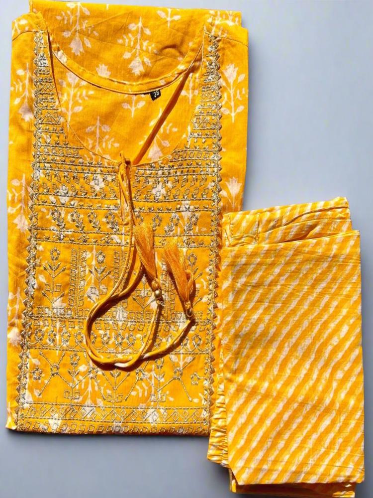 Yellow Hand block printed Kurta & Pants