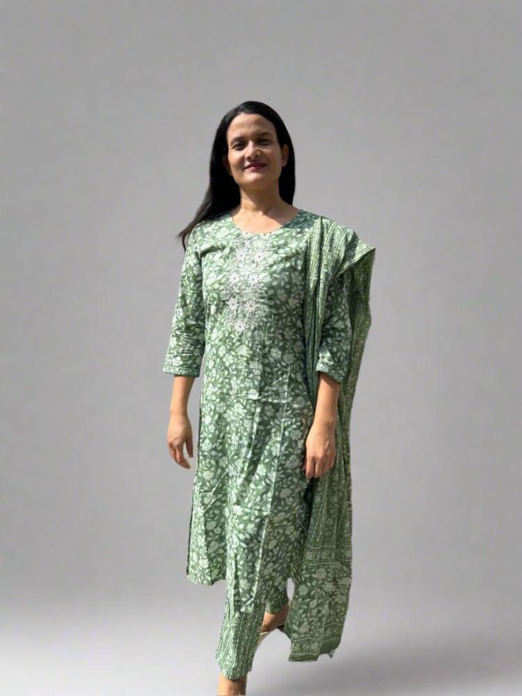 Green Floral Printed Kurta with Pant & Dupatta