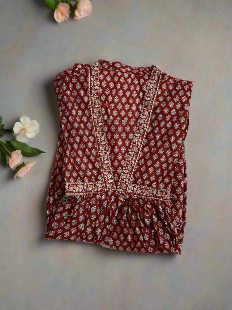 Maroon Cotton Handblock Printed Dress