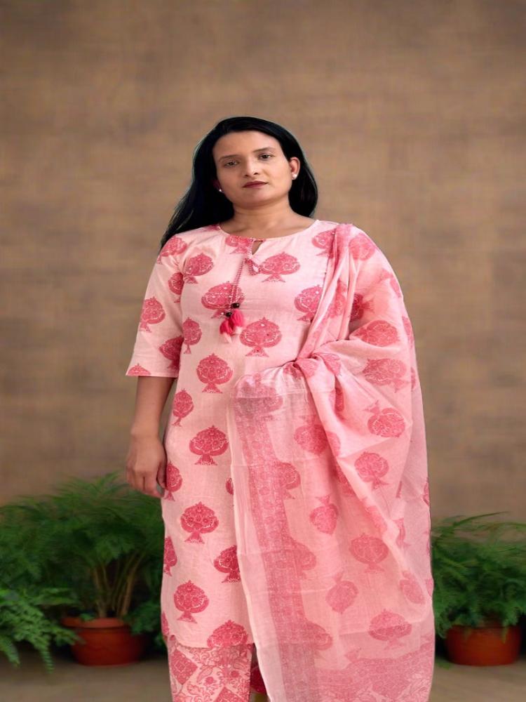 Peach Hand block Printed Kurta with Pant and Dupatta set